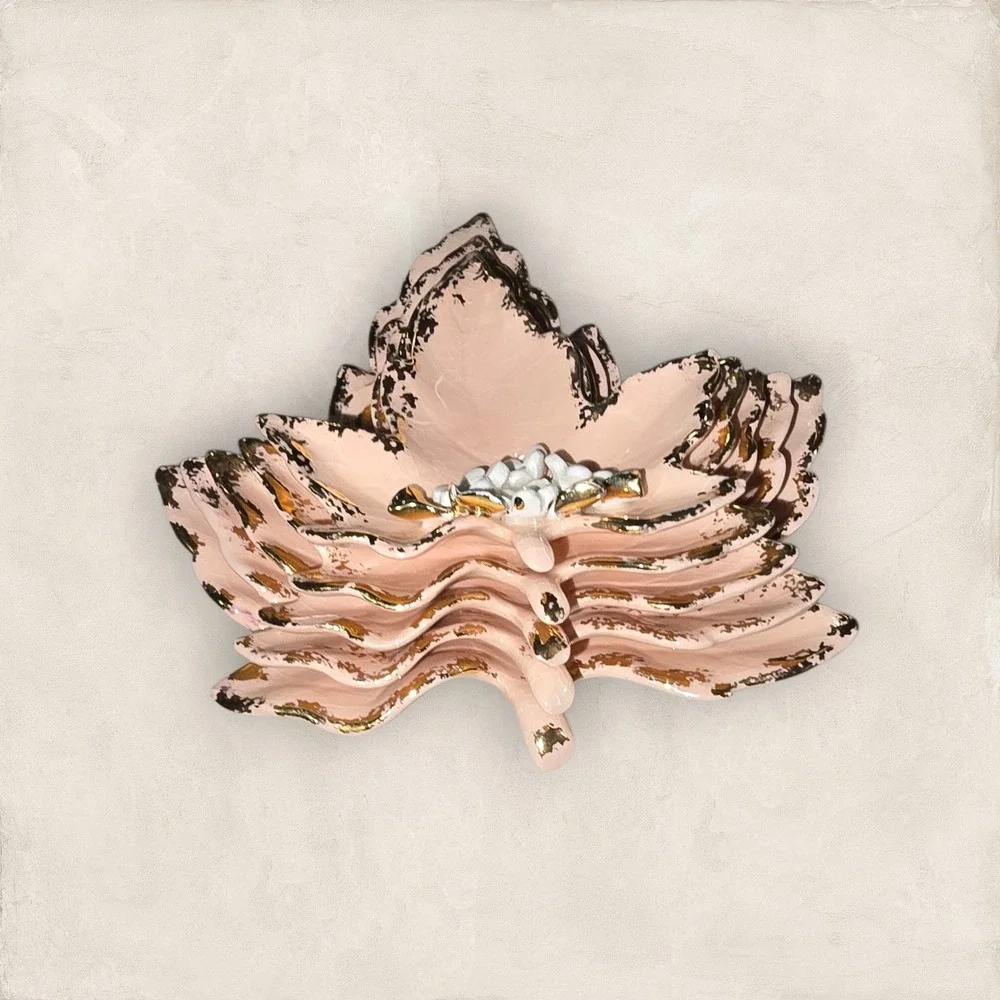 Vintage Ceramic‎ Stacking Pink & Gold Maple Leaf Nesting Trinket Set Small Minis